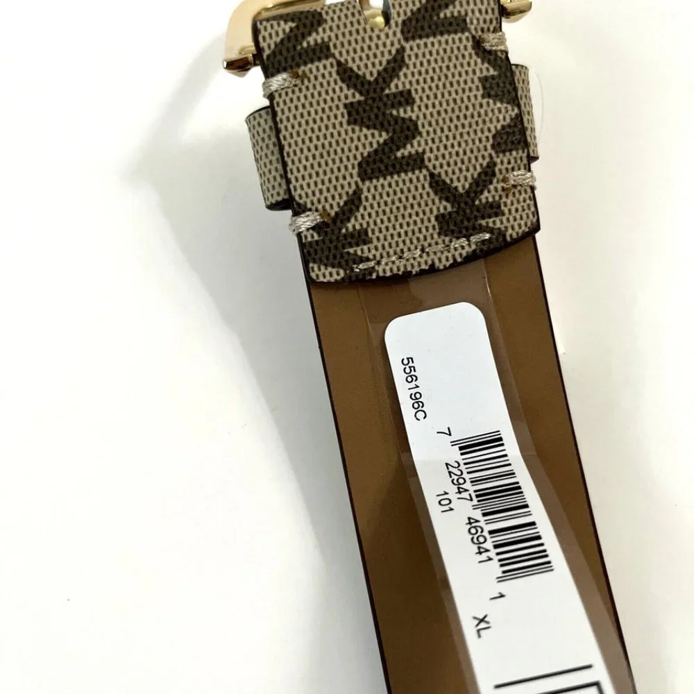 NWT Original MICHAEL KORS Signature Brown Beige Gold Belt 556196C Logo Brand - Picture 5 of 8